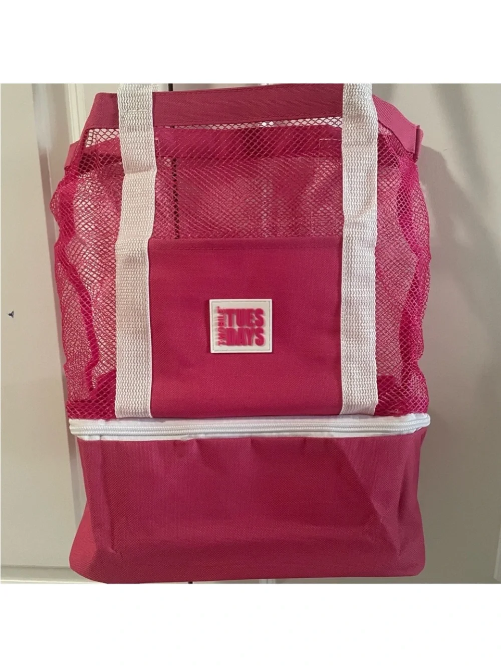 Pink Mesh Tote Bag with White Handles